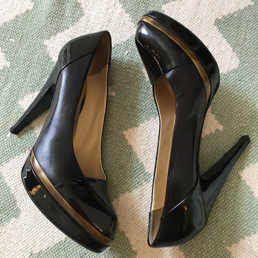 Yves Saint Laurent Black and Gold Patent Leather Peep-Toe Heels